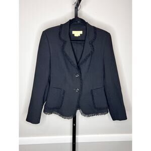 Michael Kors Black Virgin Wool Frayed Trim Chic Blazer Size 8